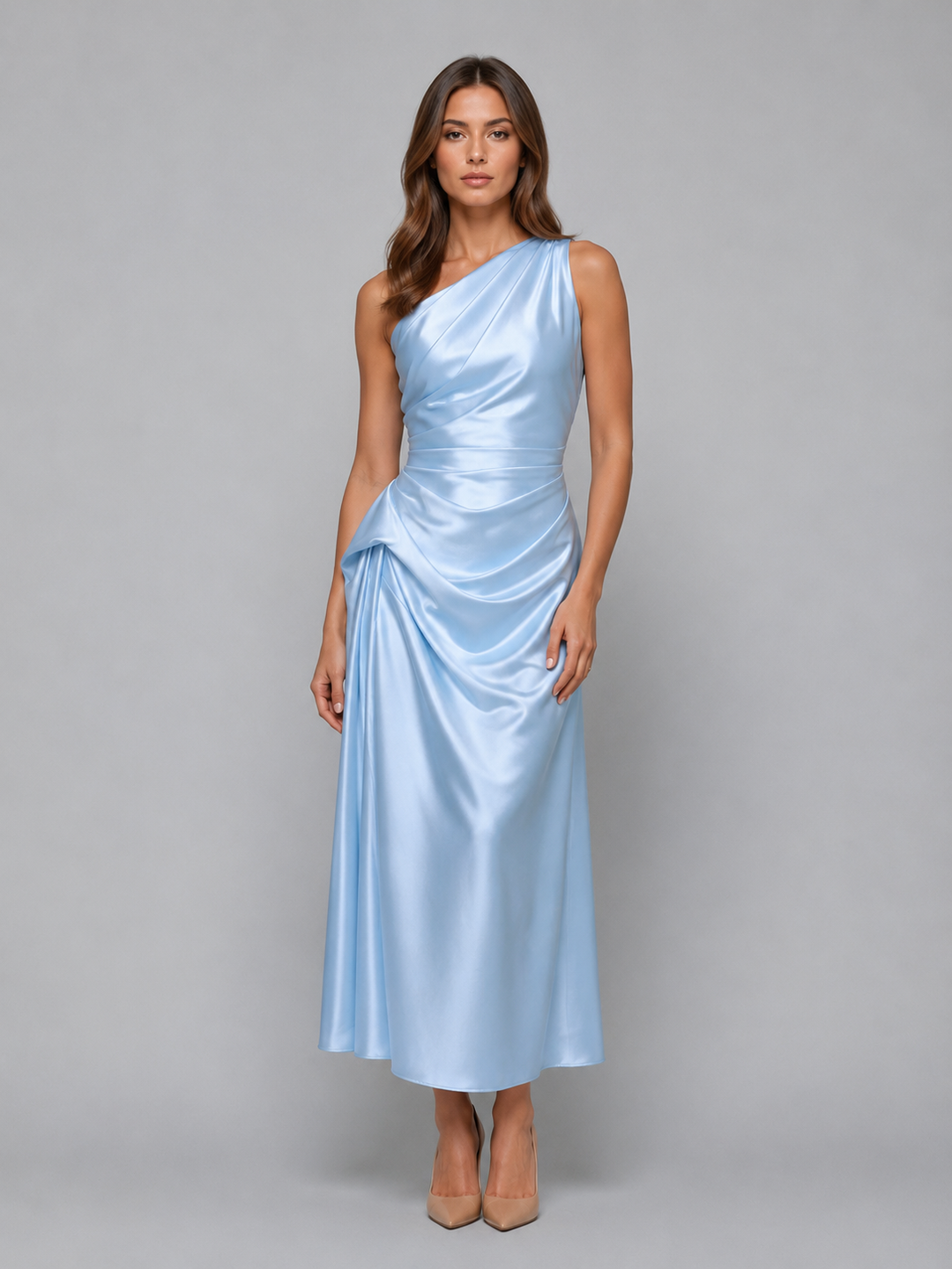Women's Elegant Satin Look One Shoulder Midi Dress with Ruched Detail