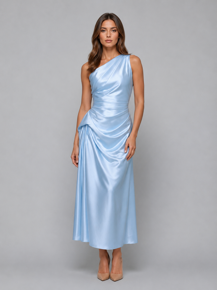 Women's Elegant Satin Look One Shoulder Midi Dress with Ruched Detail