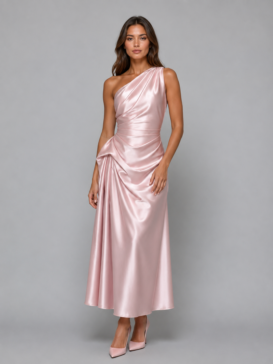 Women's Elegant Satin Look One Shoulder Midi Dress with Ruched Detail