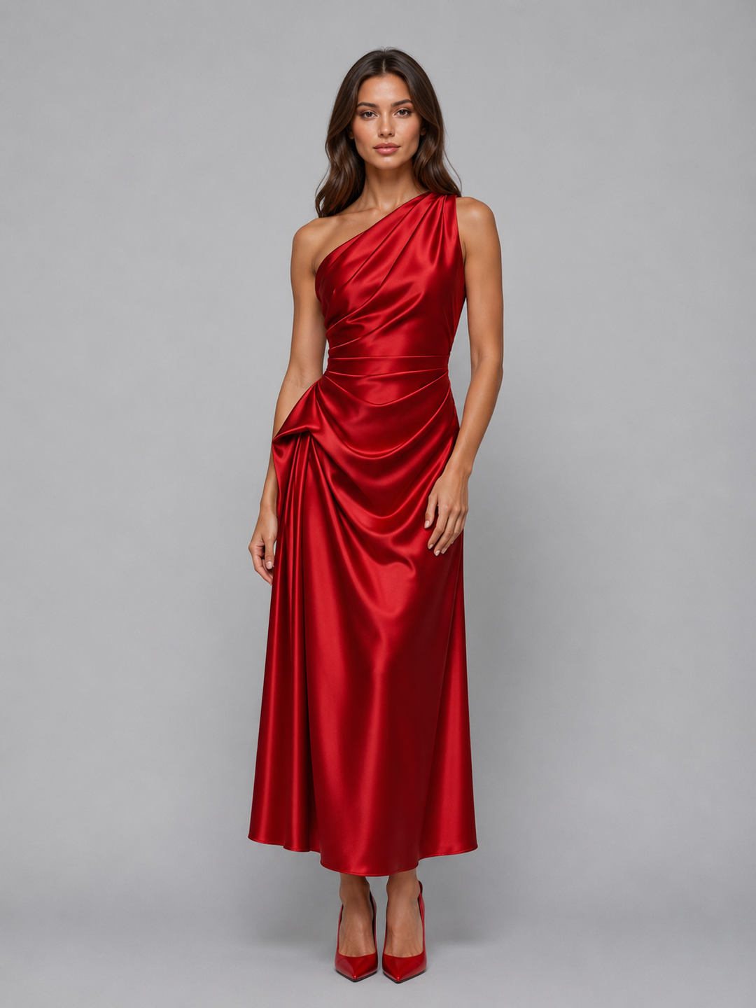 Women's Elegant Satin Look One Shoulder Midi Dress with Ruched Detail