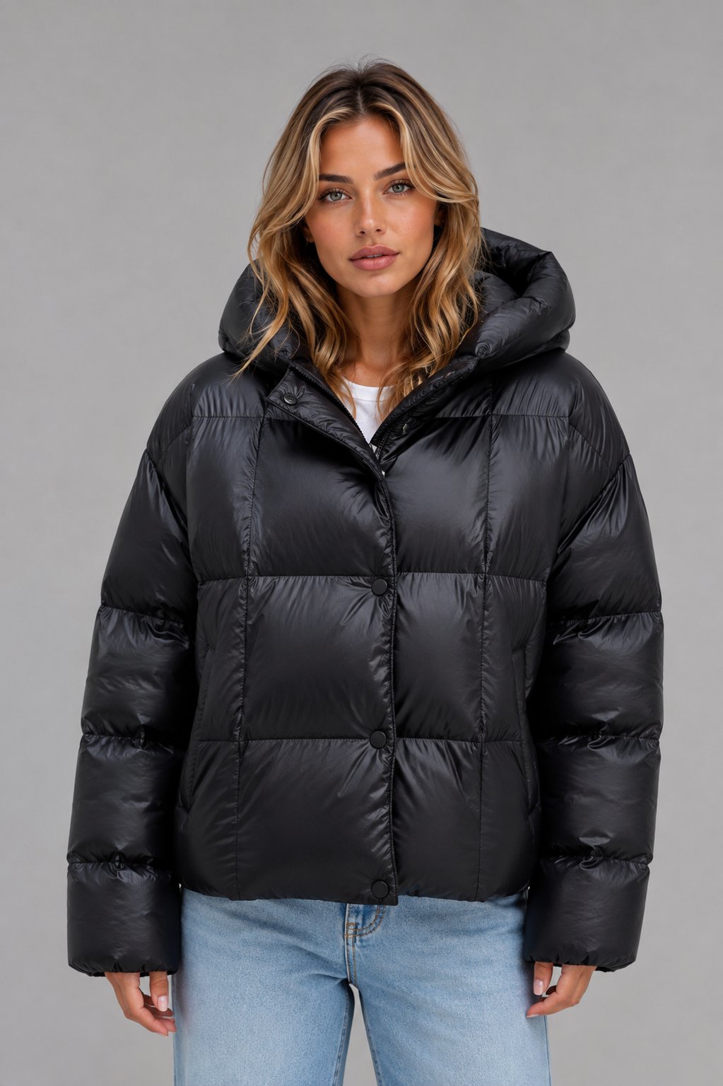 Women's Oversized Hooded Puffer Jacket with High Collar