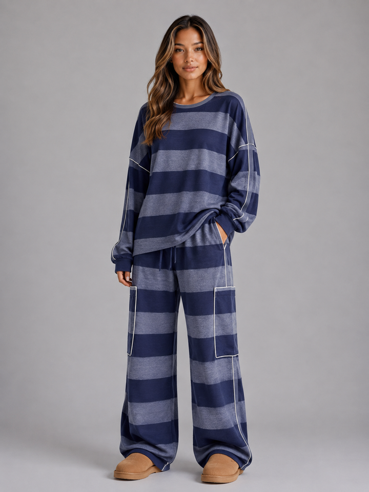 Women's Casual Oversized Cotton Lounge Set with Wide Leg Trousers