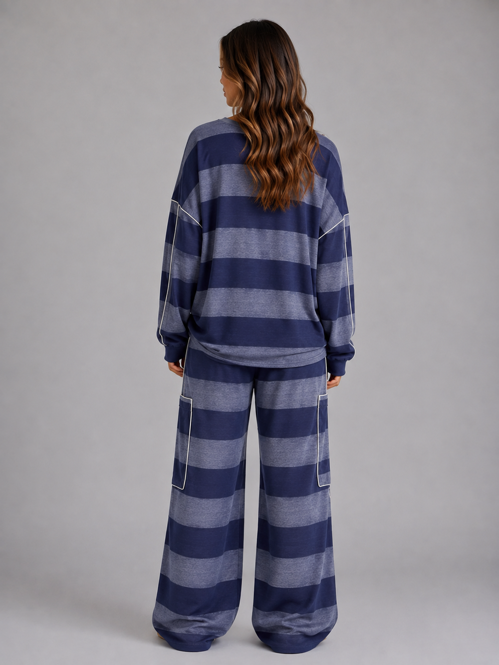 Women's Casual Oversized Cotton Lounge Set with Wide Leg Trousers