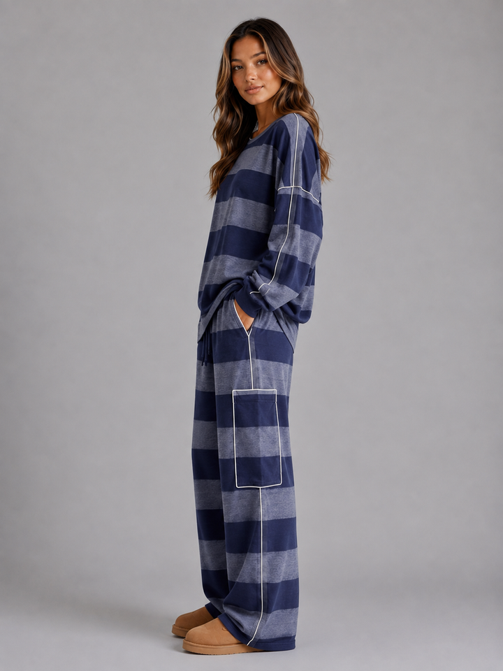 Women's Casual Oversized Cotton Lounge Set with Wide Leg Trousers