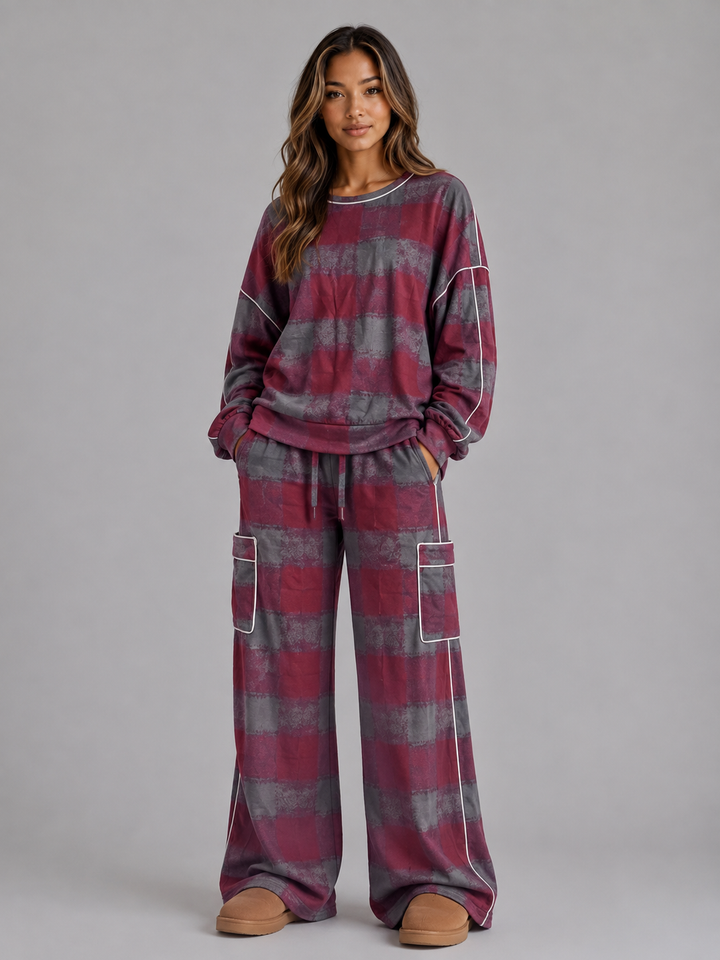 Women's Casual Oversized Cotton Lounge Set with Wide Leg Trousers