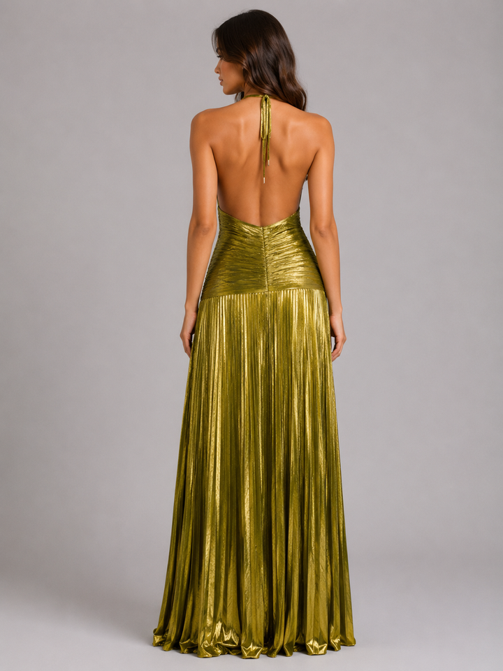 Women's Elegant Pleated Halter Maxi Dress with High Split
