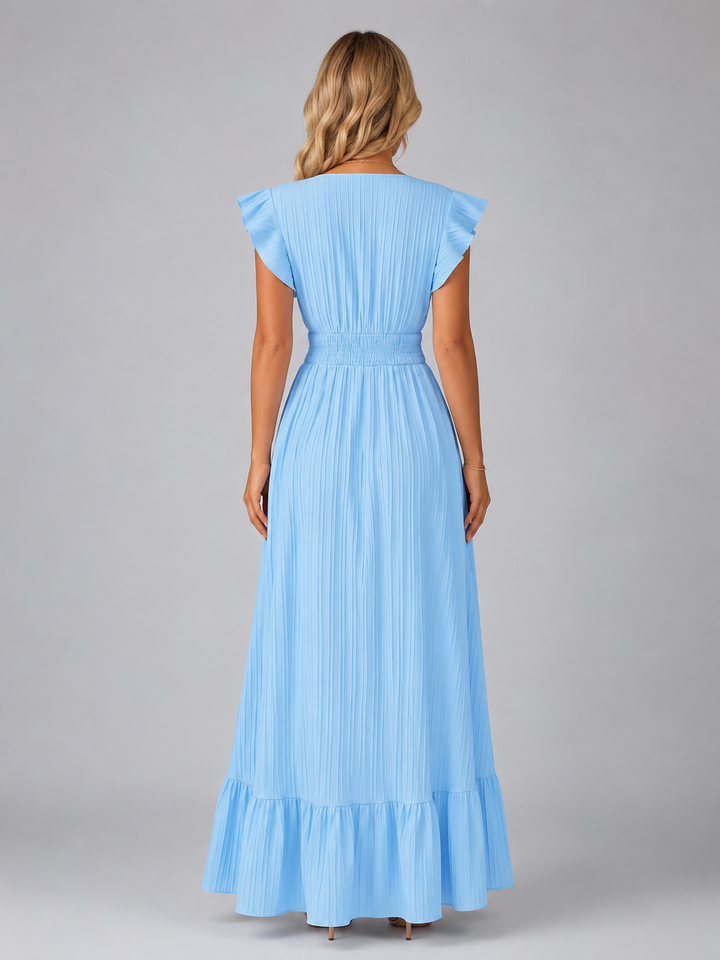 Women's Elegant Pleated Maxi Dress with Flutter Sleeves