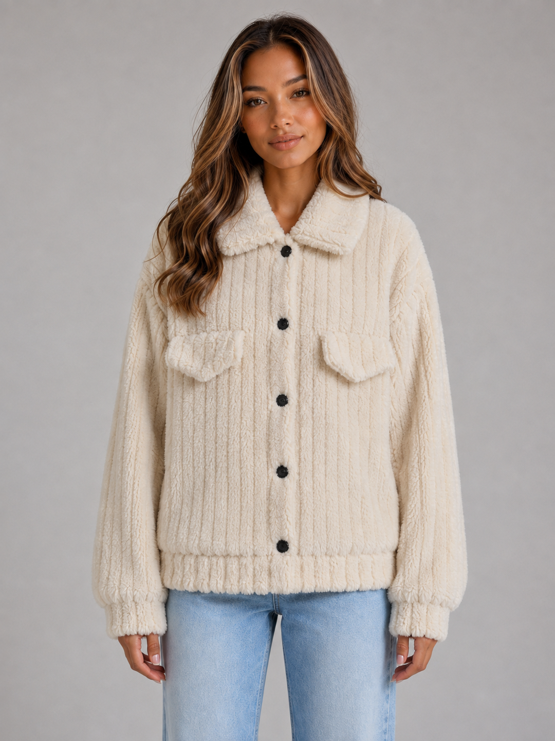 Women's Casual Plush Fleece Button-Up Jacket with Collar