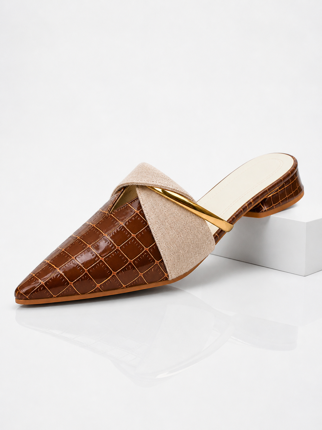 Women's Elegant Croc Effect Pointed Toe Mule Heels
