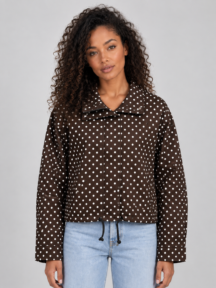 Women's Casual Polka Dot Zip-Up Cropped Jacket with High Collar
