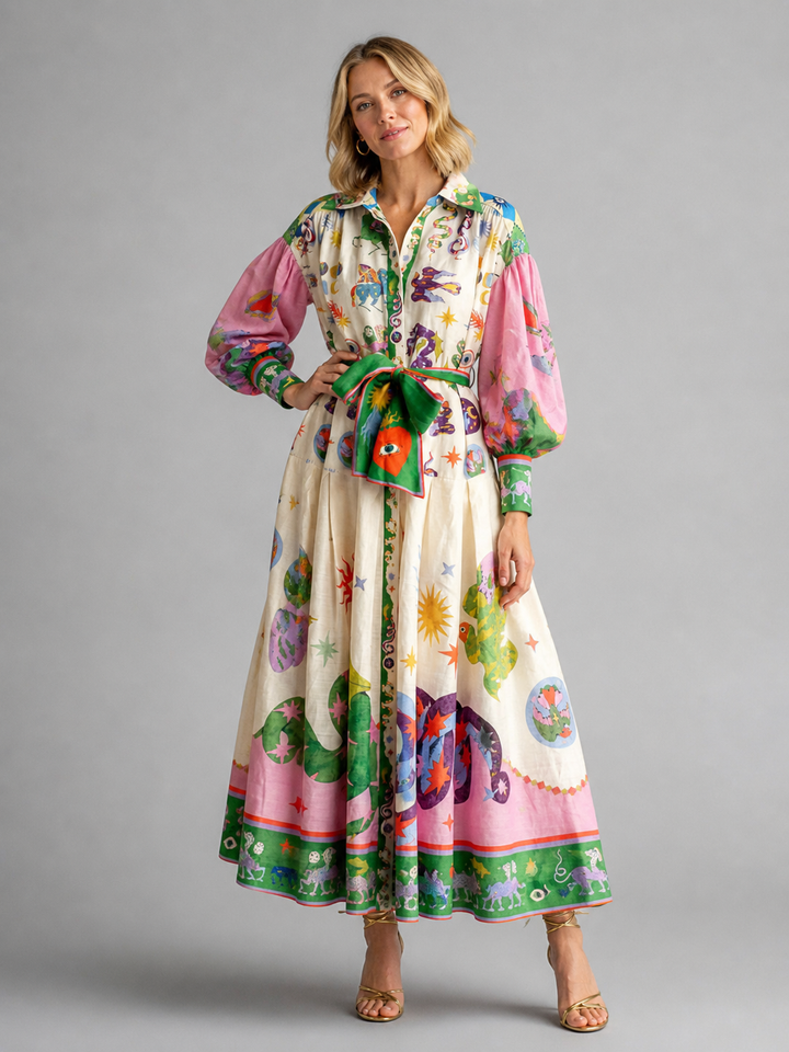 Women's Casual Printed Cotton Maxi Shirt Dress with Belt