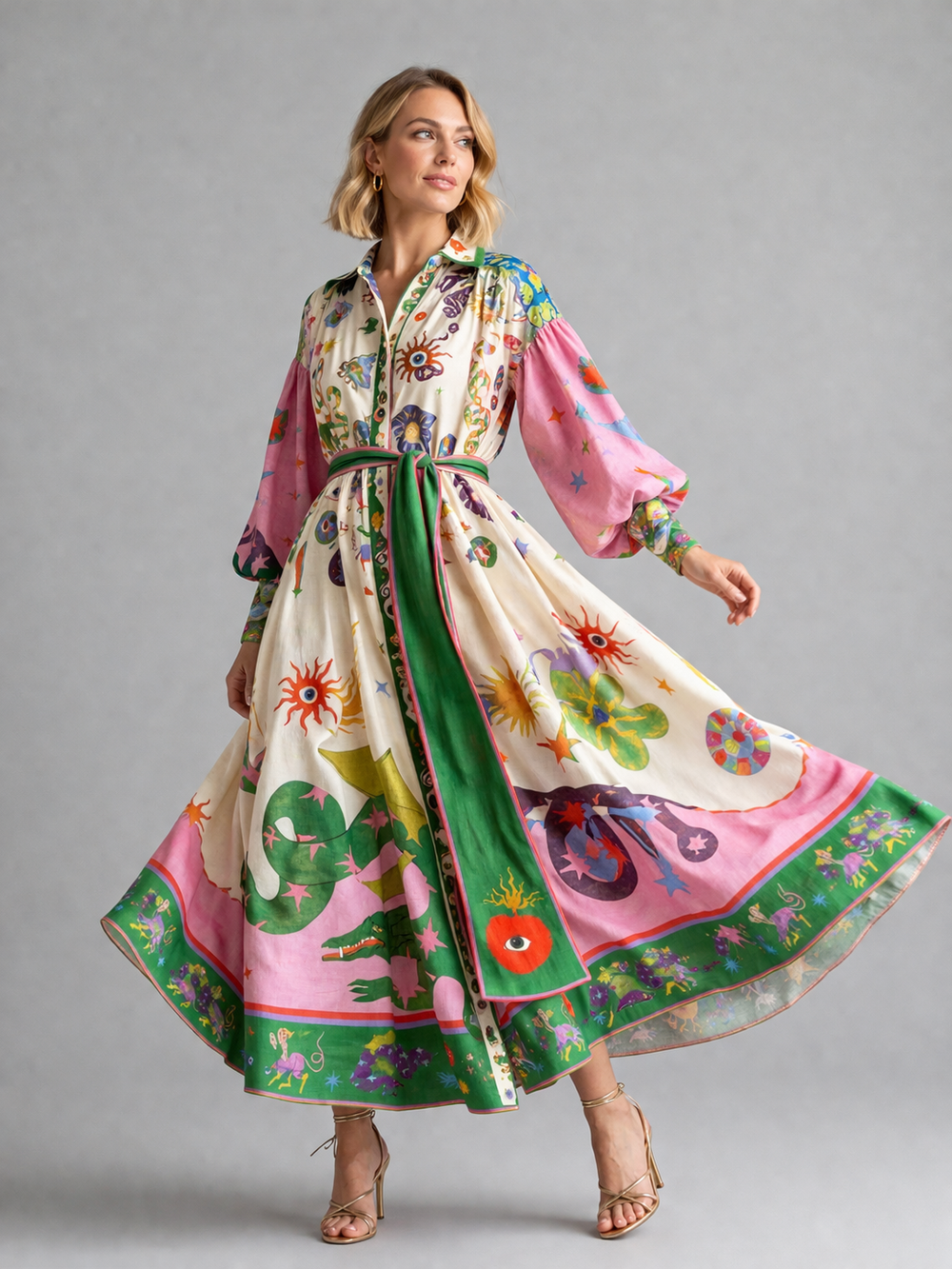 Women's Casual Printed Cotton Maxi Shirt Dress with Belt