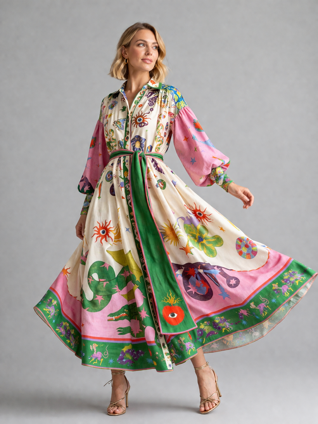 Women's Casual Printed Cotton Maxi Shirt Dress with Belt