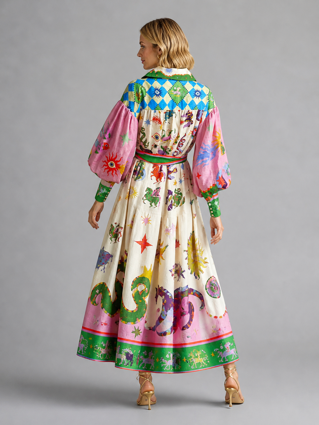 Women's Casual Printed Cotton Maxi Shirt Dress with Belt