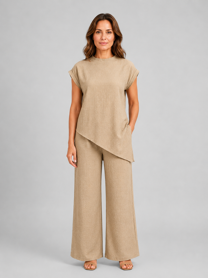 Women's Casual Asymmetric Top and Wide Leg Trousers Co-Ord Set