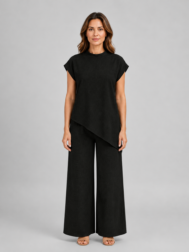 Women's Casual Asymmetric Top and Wide Leg Trousers Co-Ord Set