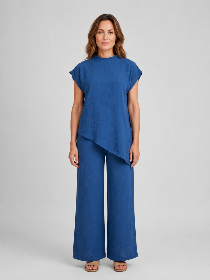 Women's Casual Asymmetric Top and Wide Leg Trousers Co-Ord Set