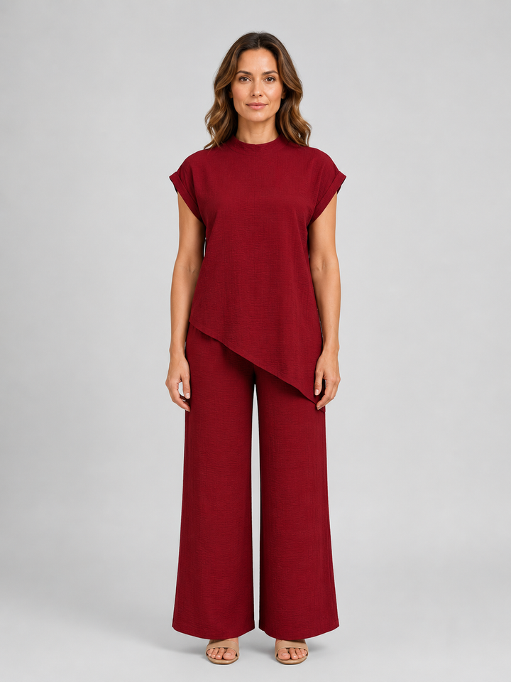 Women's Casual Asymmetric Top and Wide Leg Trousers Co-Ord Set