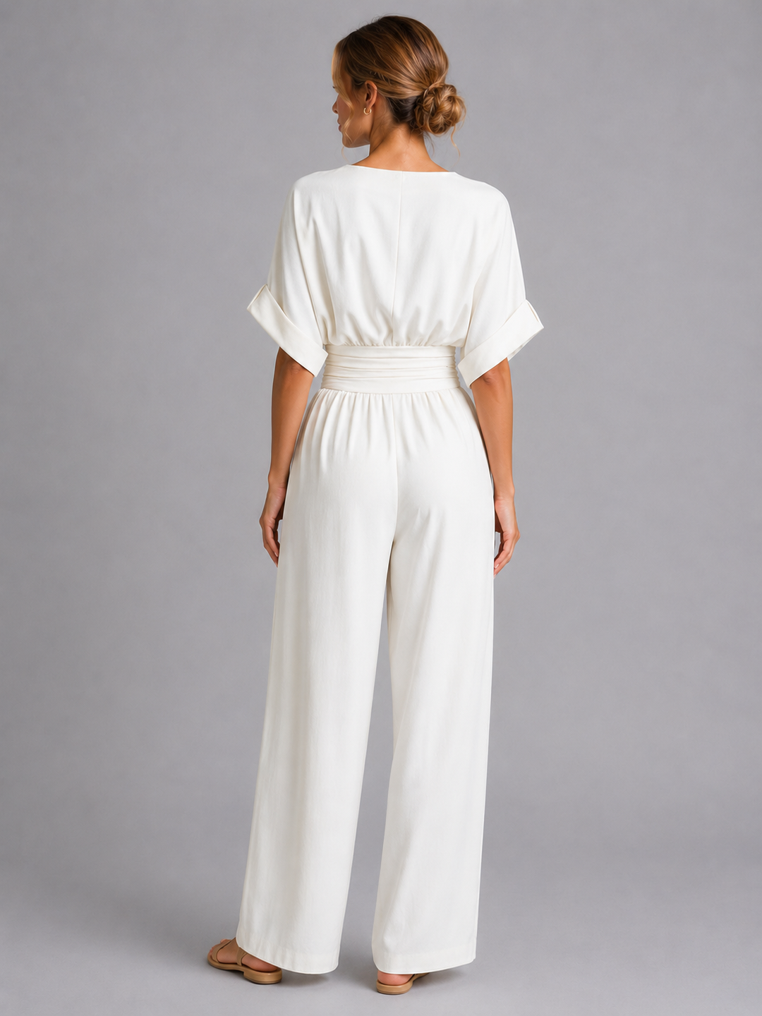 Women's Casual Wide-Leg Cotton Jumpsuit with Cinched Waist