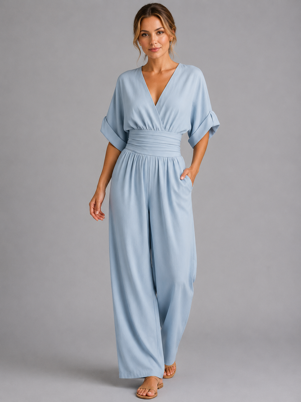 Women's Casual Wide-Leg Cotton Jumpsuit with Cinched Waist