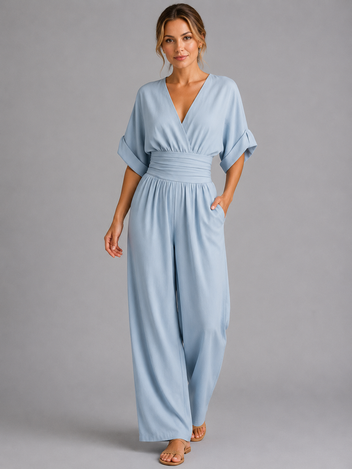 Women's Casual Wide-Leg Cotton Jumpsuit with Cinched Waist