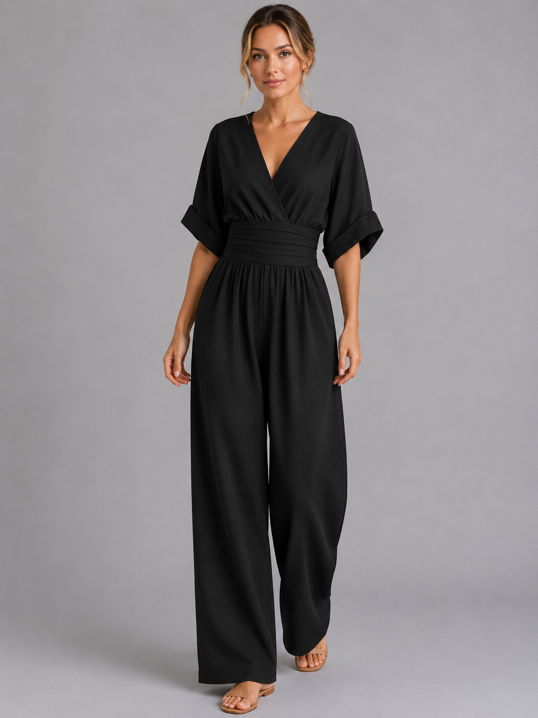 Women's Casual Wide-Leg Cotton Jumpsuit with Cinched Waist