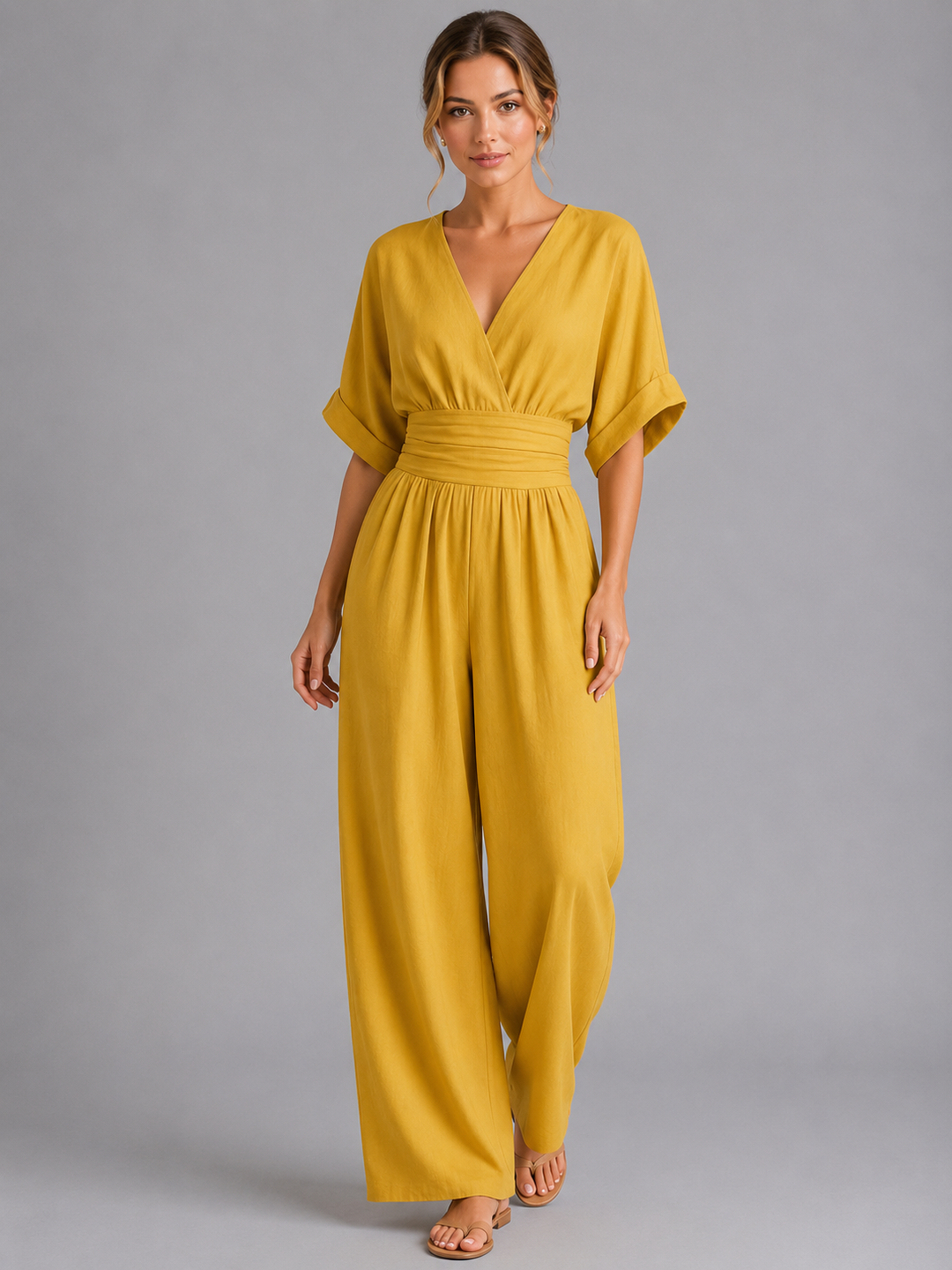 Women's Casual Wide-Leg Cotton Jumpsuit with Cinched Waist