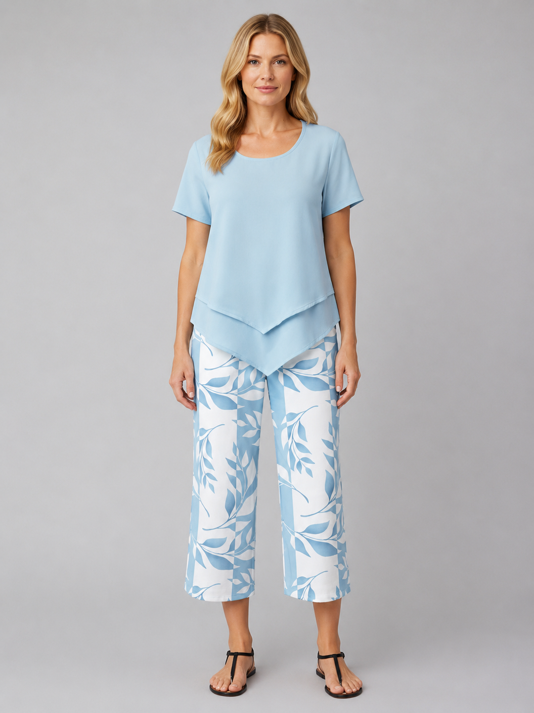Women's Casual Layered Top and Wide Leg Cotton Trousers Set