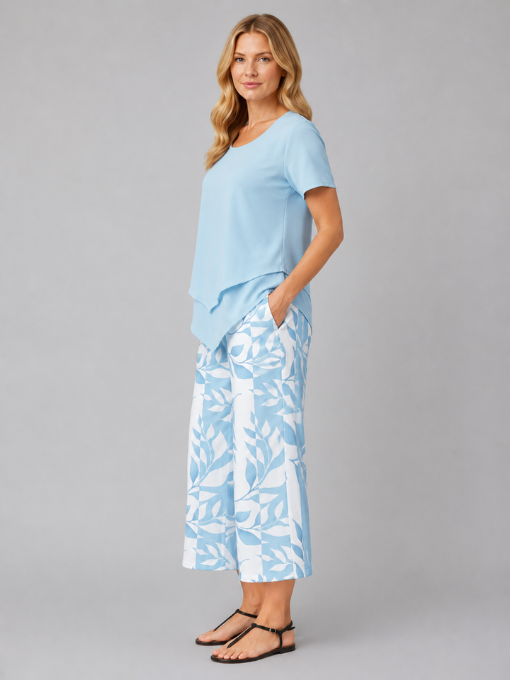 Women's Casual Layered Top and Wide Leg Cotton Trousers Set