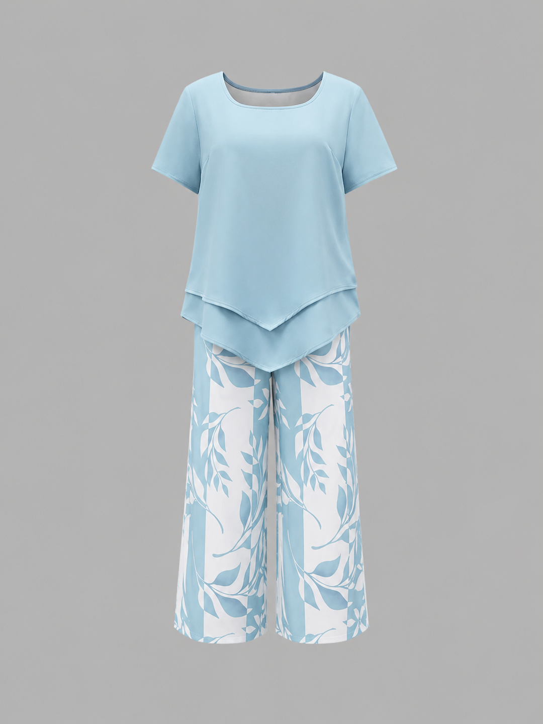 Women's Casual Layered Top and Wide Leg Cotton Trousers Set