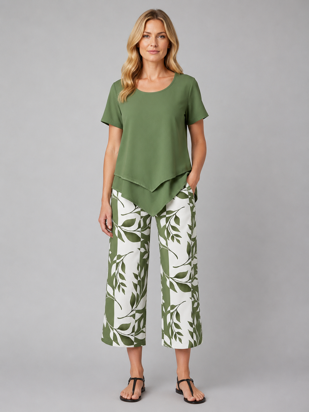 Women's Casual Layered Top and Wide Leg Cotton Trousers Set