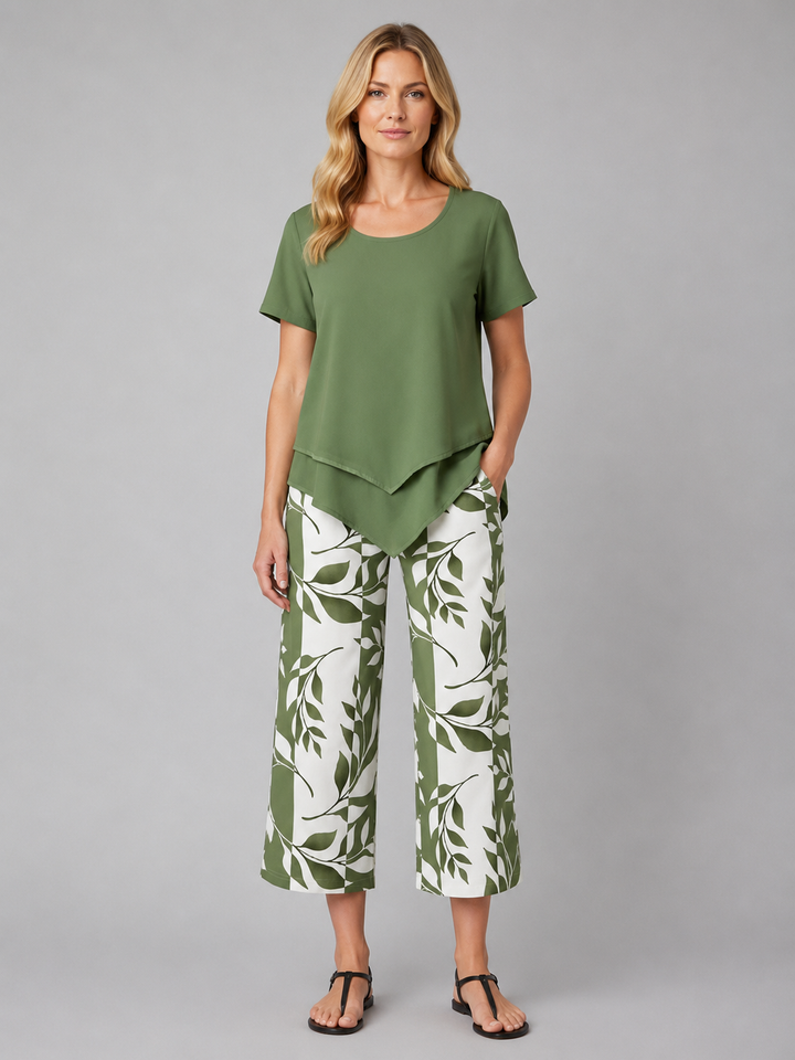 Women's Casual Layered Top and Wide Leg Cotton Trousers Set