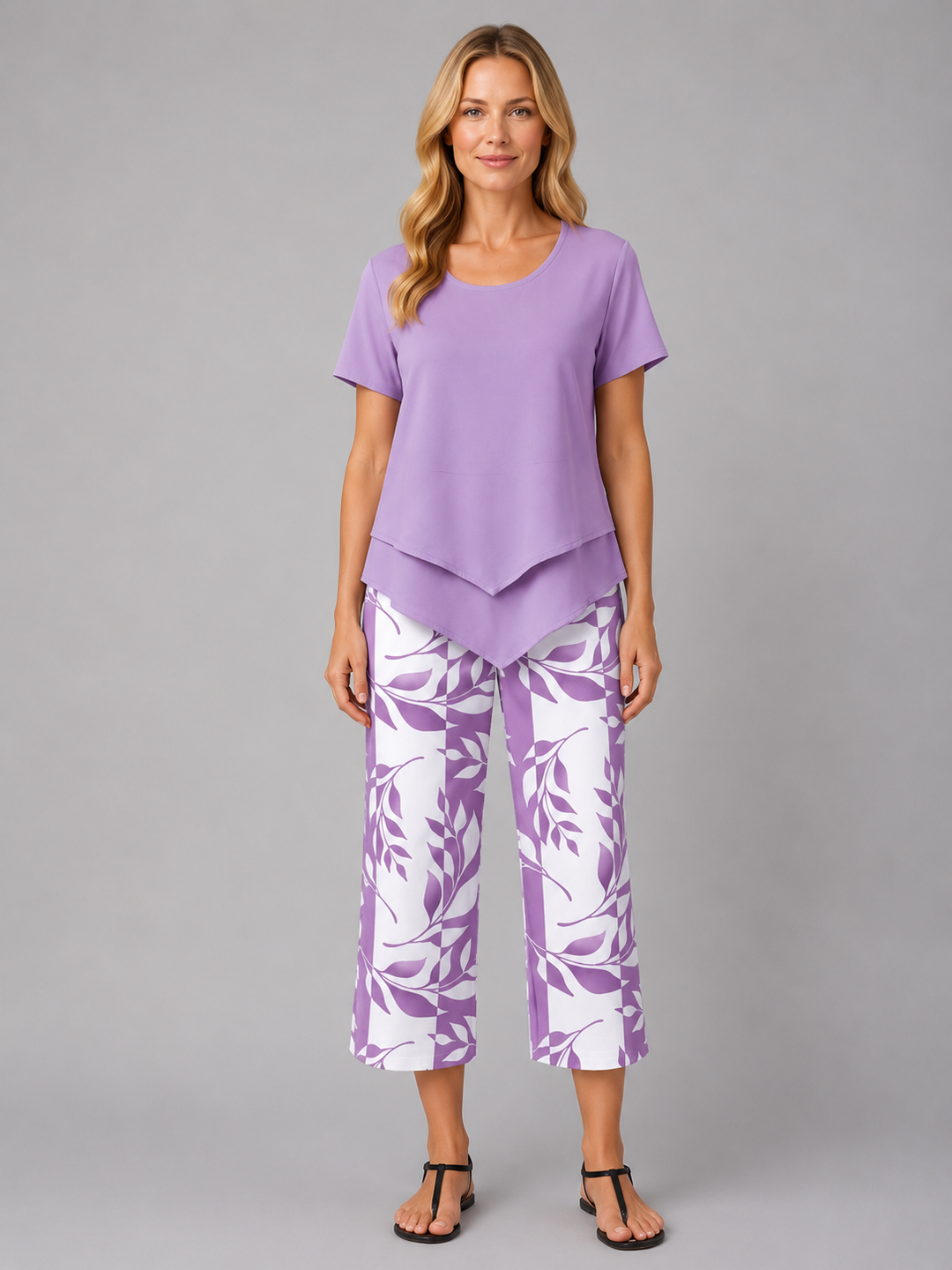 Women's Casual Layered Top and Wide Leg Cotton Trousers Set