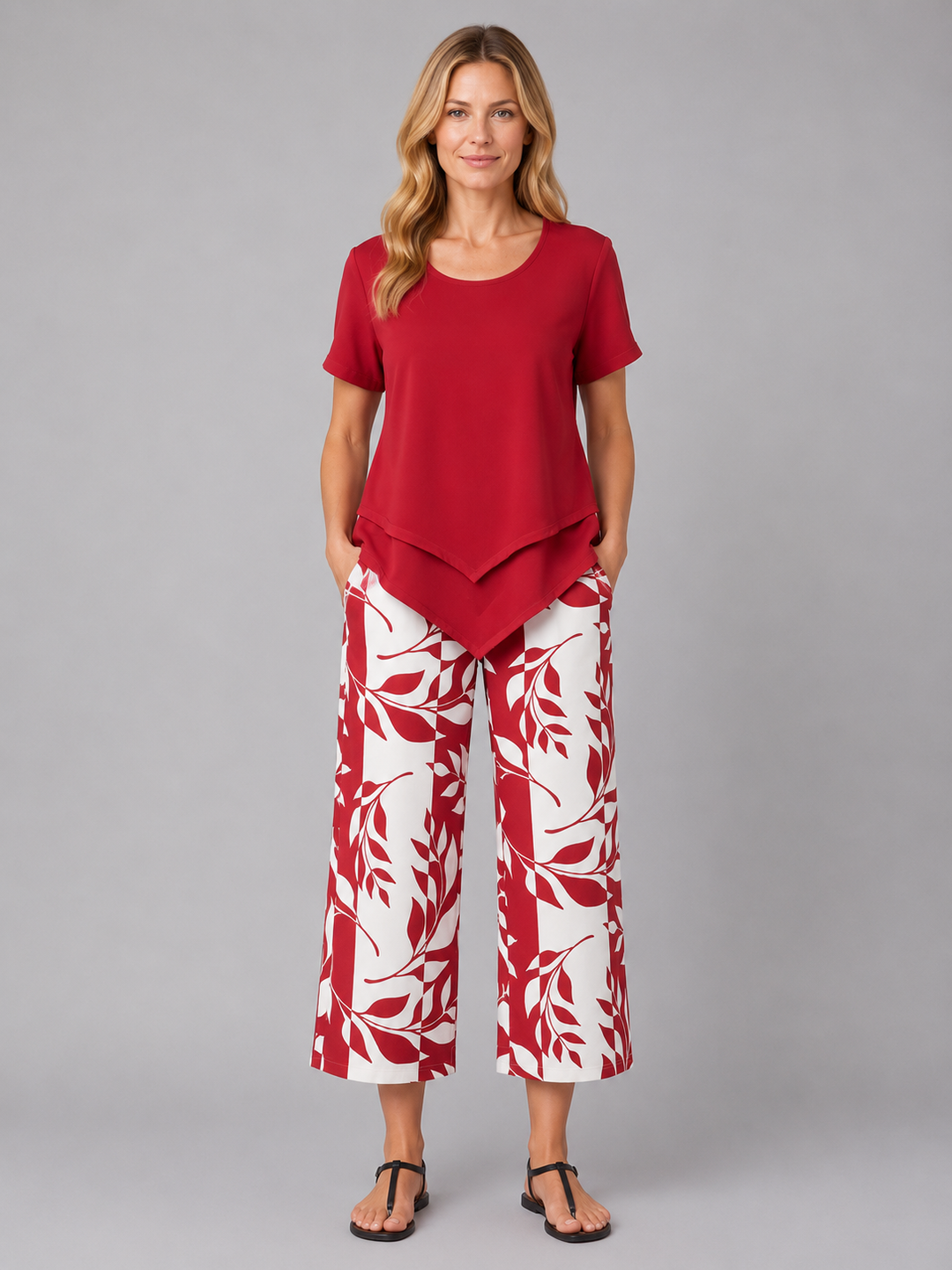 Women's Casual Layered Top and Wide Leg Cotton Trousers Set
