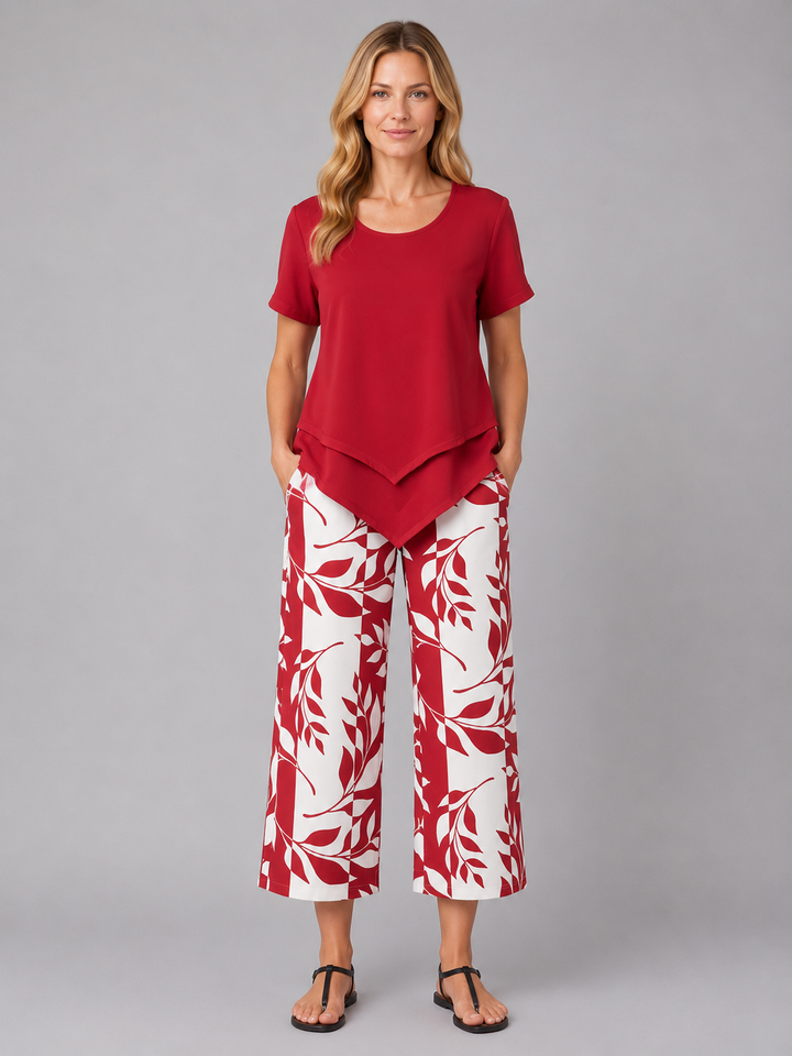 Women's Casual Layered Top and Wide Leg Cotton Trousers Set