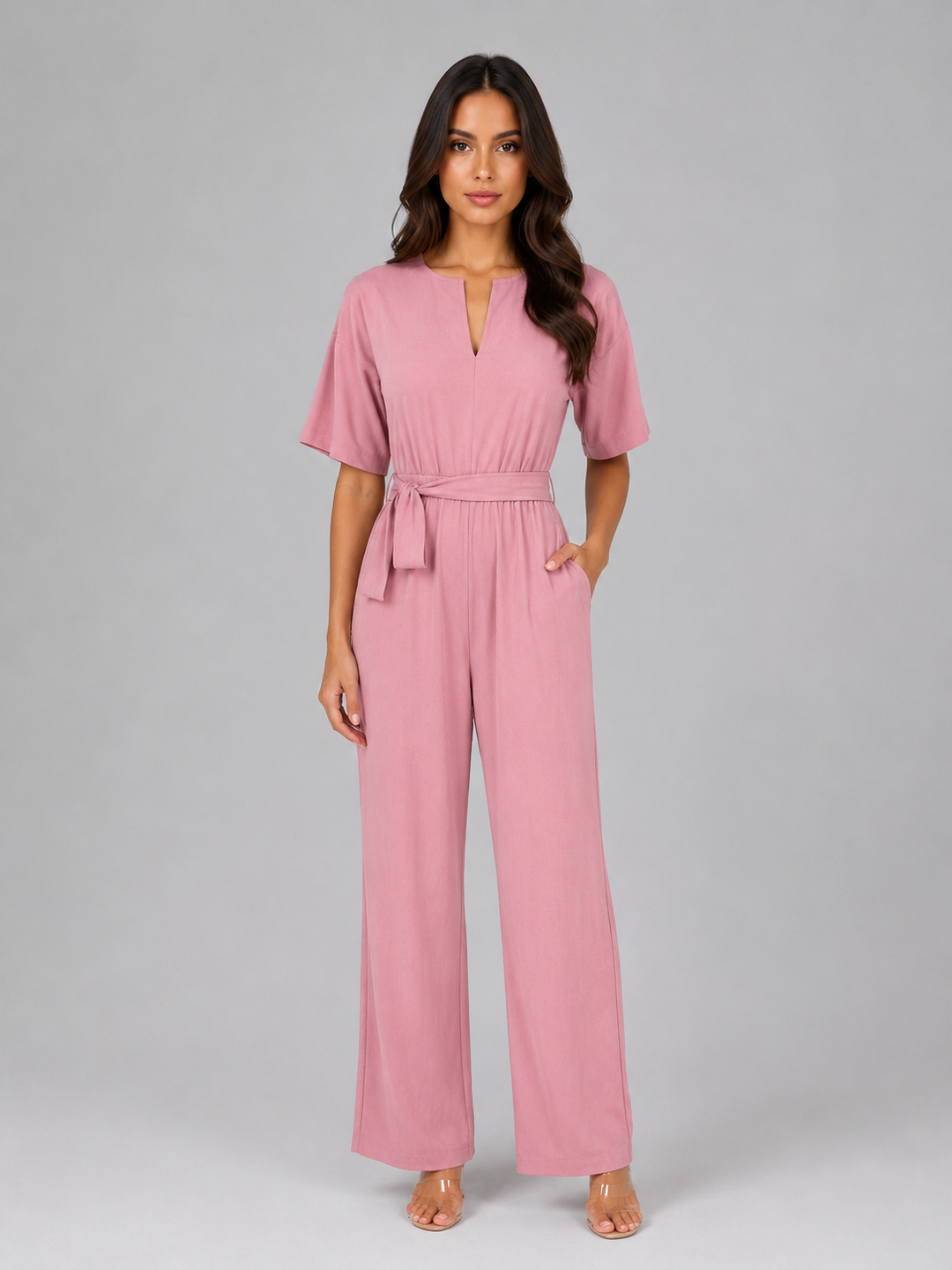 Women's Casual Relaxed Wide Leg Tie Waist Jumpsuit