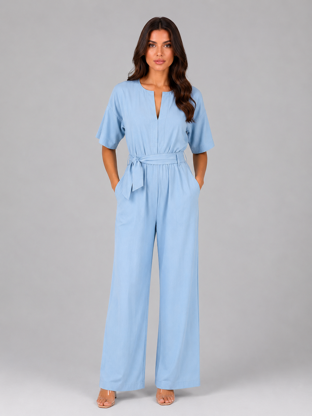 Women's Casual Relaxed Wide Leg Tie Waist Jumpsuit