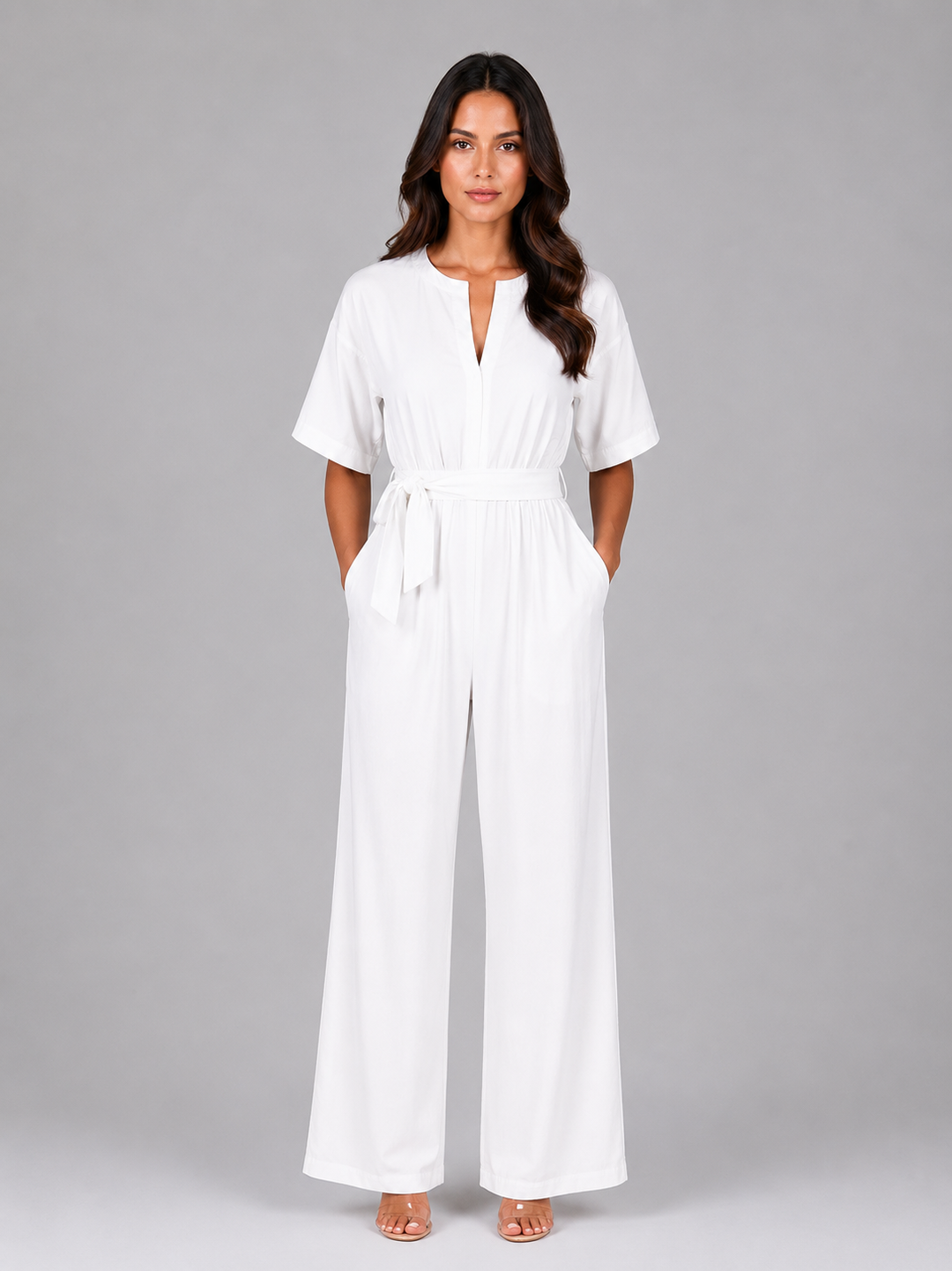 Women's Casual Relaxed Wide Leg Tie Waist Jumpsuit