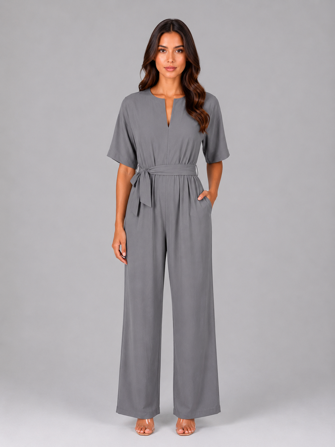 Women's Casual Relaxed Wide Leg Tie Waist Jumpsuit