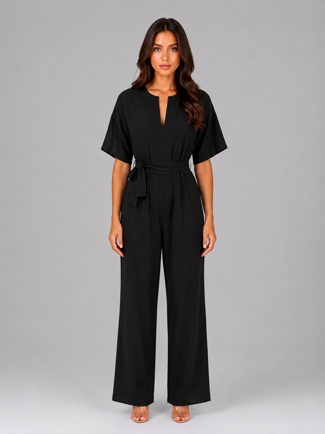 Women's Casual Relaxed Wide Leg Tie Waist Jumpsuit