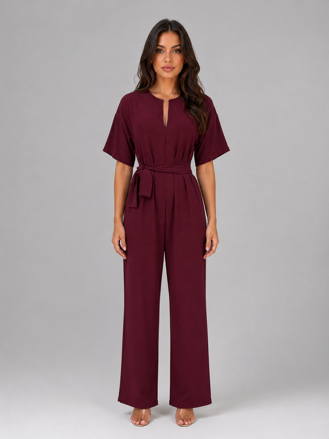 Women's Casual Relaxed Wide Leg Tie Waist Jumpsuit