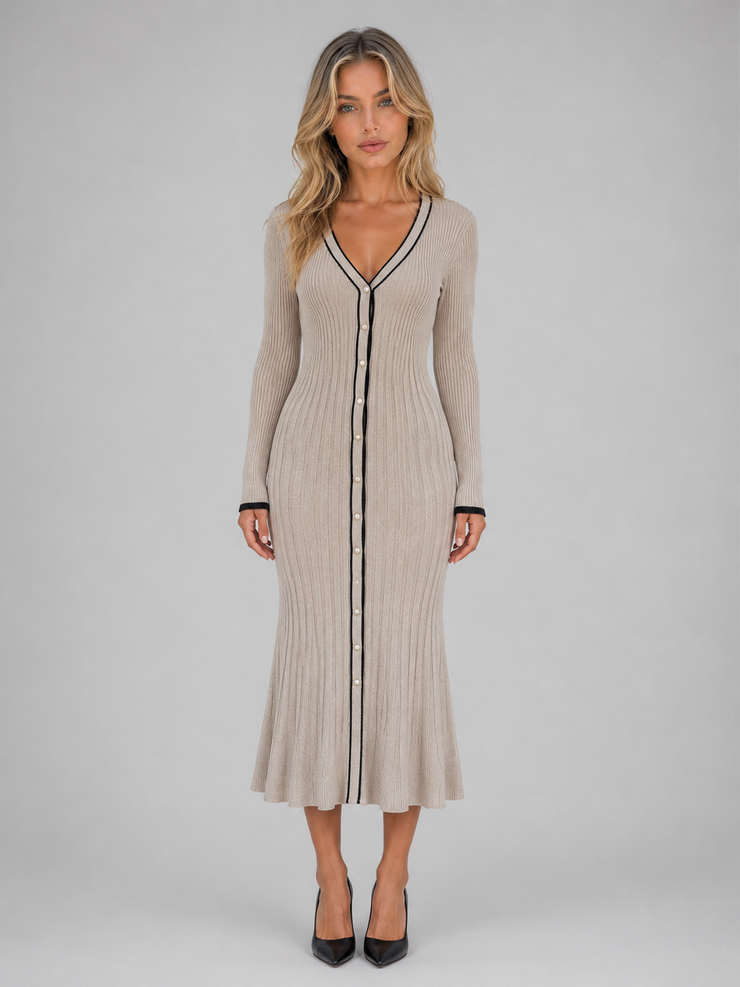 Women's Casual Ribbed Knit V-Neck Midi Dress with Buttons