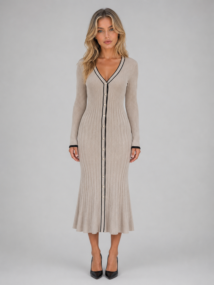 Women's Casual Ribbed Knit V-Neck Midi Dress with Buttons