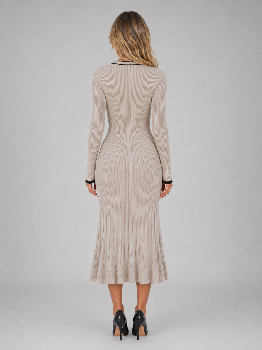 Women's Casual Ribbed Knit V-Neck Midi Dress with Buttons