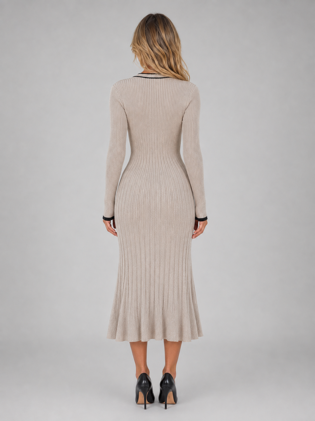 Women's Casual Ribbed Knit V-Neck Midi Dress with Buttons