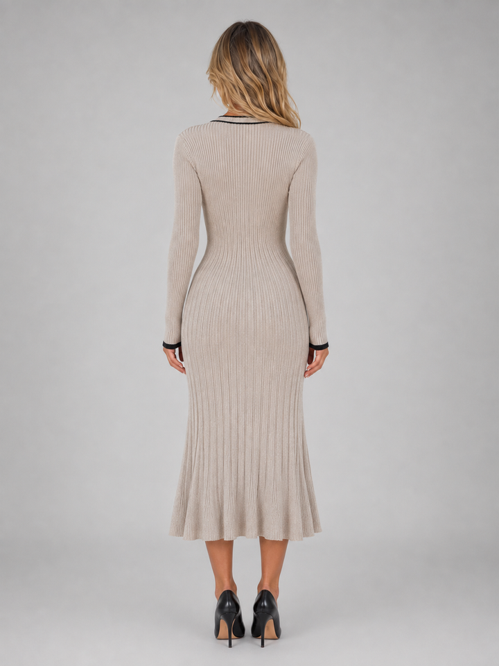 Women's Casual Ribbed Knit V-Neck Midi Dress with Buttons