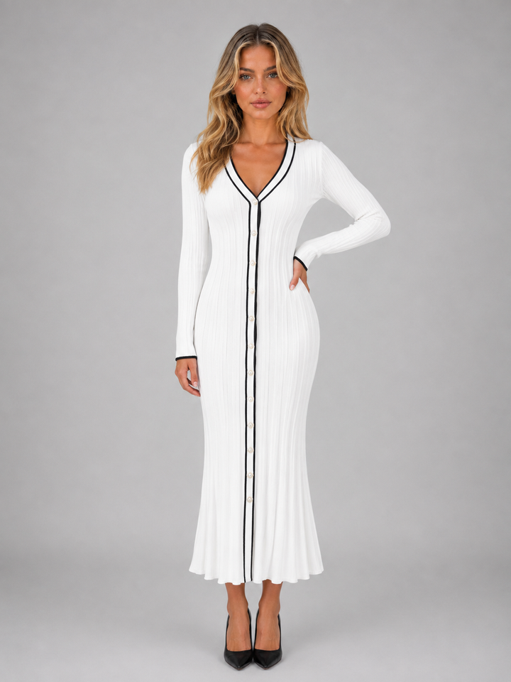 Women's Casual Ribbed Knit V-Neck Midi Dress with Buttons