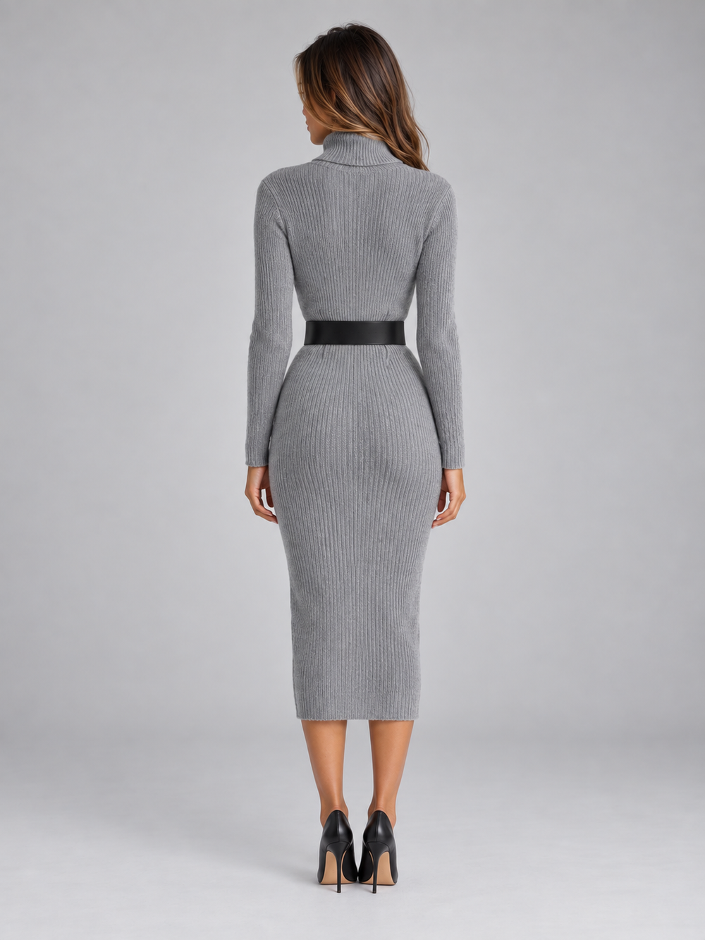 Women's Casual Ribbed Knit Midi Dress with Belt and Roll Neck