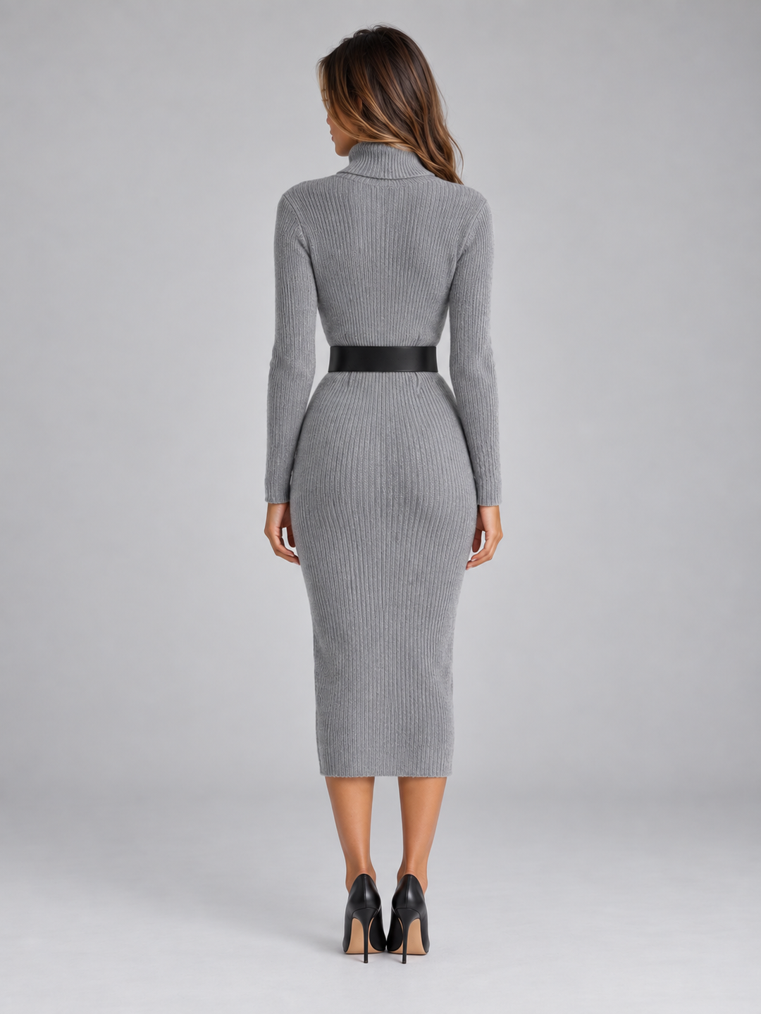 Women's Casual Ribbed Knit Midi Dress with Belt and Roll Neck