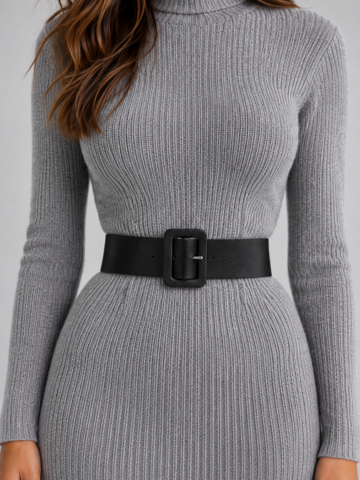Women's Casual Ribbed Knit Midi Dress with Belt and Roll Neck